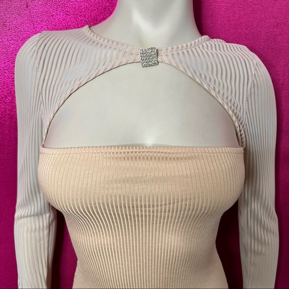 SOLD/Nude Mesh Sleeve Detail Dress with Diamond Brooch Ribbed Bodycon Dress - Picture 8 of 16